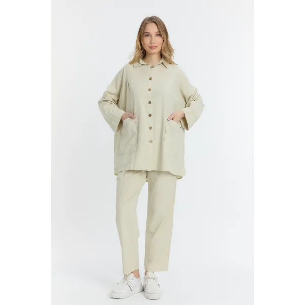 Çift cepli keten oversize italyan ikili takım-Krem