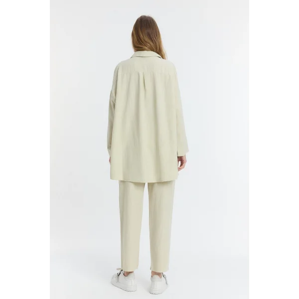 Çift cepli keten oversize italyan ikili takım-Krem