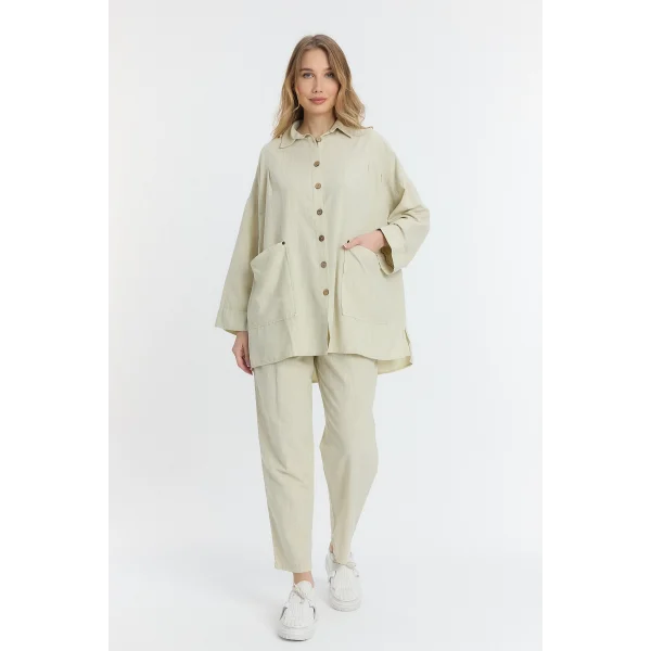 Çift cepli keten oversize italyan ikili takım-Krem