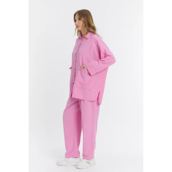 Çift cepli keten oversize italyan ikili takım-Pembe