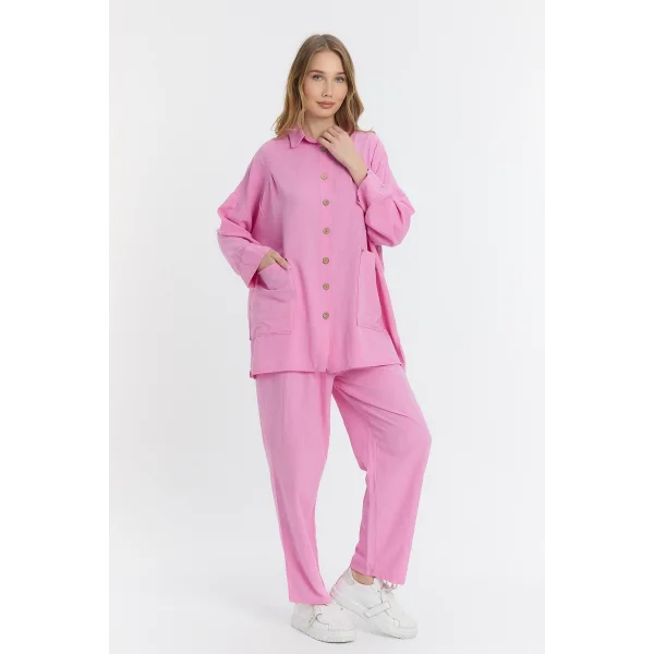 Çift cepli keten oversize italyan ikili takım-Pembe