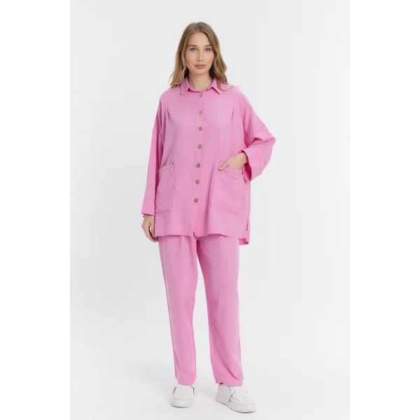 Çift cepli keten oversize italyan ikili takım-Pembe