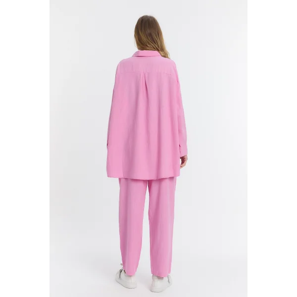 Çift cepli keten oversize italyan ikili takım-Pembe