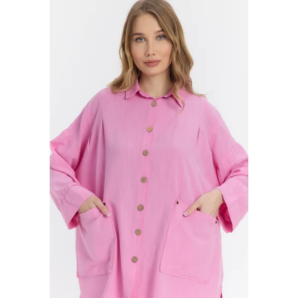 Çift cepli keten oversize italyan ikili takım-Pembe