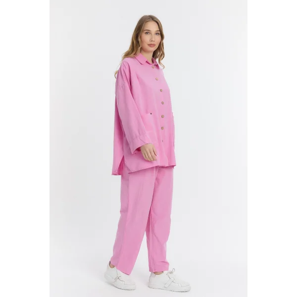 Çift cepli keten oversize italyan ikili takım-Pembe