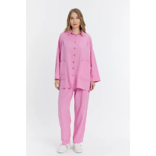 Çift cepli keten oversize italyan ikili takım-Pembe