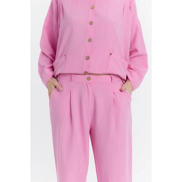 Çift cepli keten oversize italyan ikili takım-Pembe