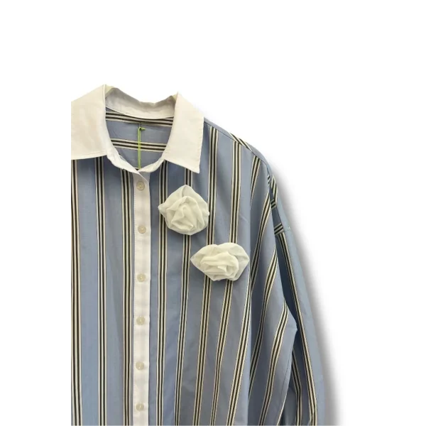Çizgili Gül Detaylı Oversize Geniş Kesim Gömlek-Mavi