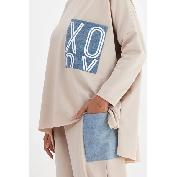 Denim cepli oversize takım-Bej