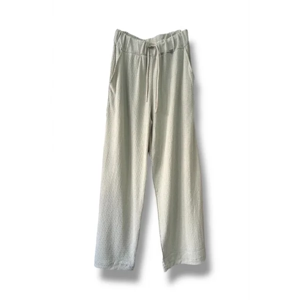Dökümlü düz kesim bağcıklı pantolon-Bej