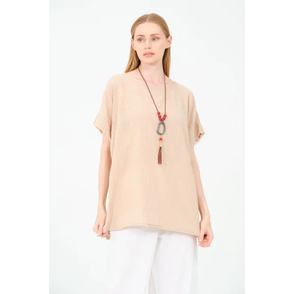 Kadın %100 Pamuklu T-Shirt (Kolye Hediyeli)-Bej