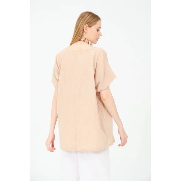 Kadın %100 Pamuklu T-Shirt (Kolye Hediyeli)-Bej