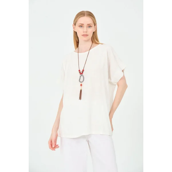 Kadın %100 Pamuklu T-Shirt (Kolye Hediyeli)-Beyaz
