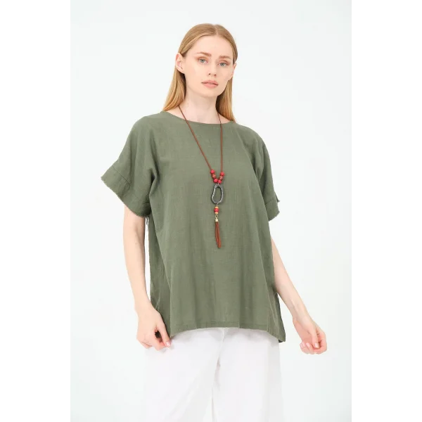 Kadın %100 Pamuklu T-Shirt (Kolye Hediyeli)-Haki