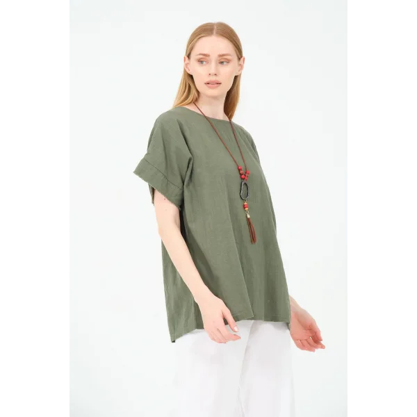 Kadın %100 Pamuklu T-Shirt (Kolye Hediyeli)-Haki