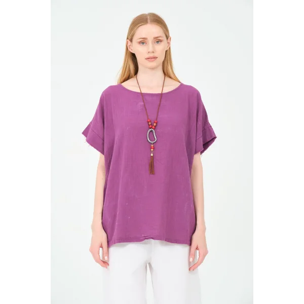 Kadın %100 Pamuklu T-Shirt (Kolye Hediyeli)-Mor