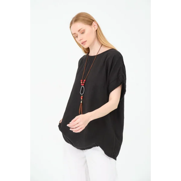 Kadın %100 Pamuklu T-Shirt (Kolye Hediyeli)-Siyah