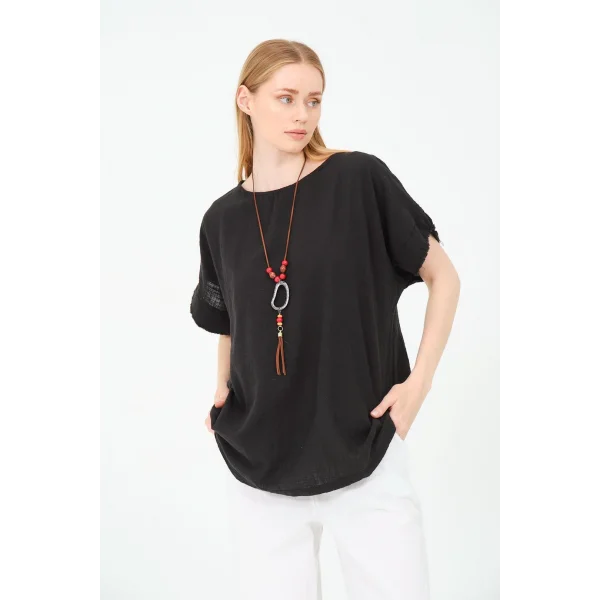 Kadın %100 Pamuklu T-Shirt (Kolye Hediyeli)-Siyah