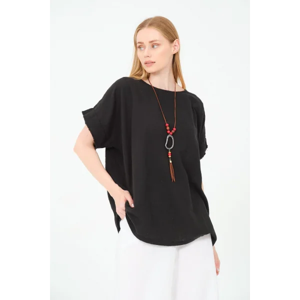 Kadın %100 Pamuklu T-Shirt (Kolye Hediyeli)-Siyah