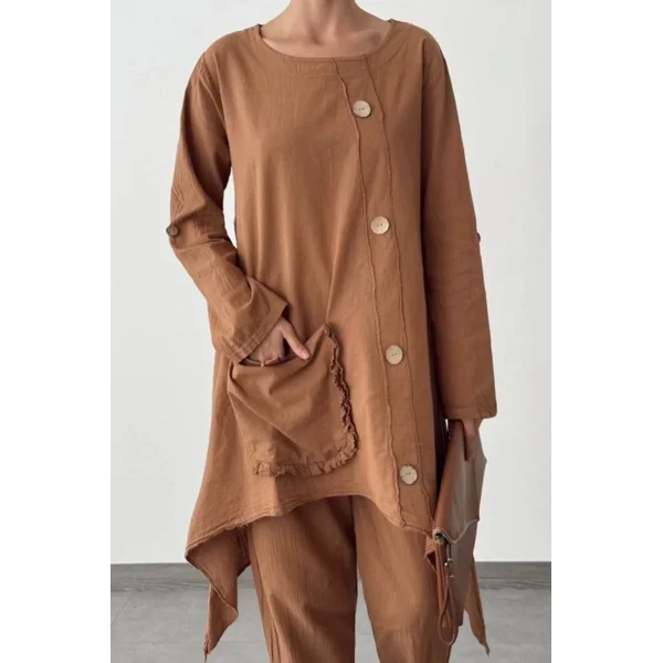 Kadın Bohem Tunik ve Pantolon Takımı-Kamel