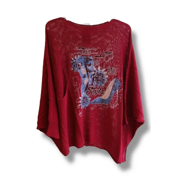 Kadın Merserize Triko Bluz –Oversize Rahat Kalıp, Baskılı Bluz (38-48 Beden) Bordo Bordo
