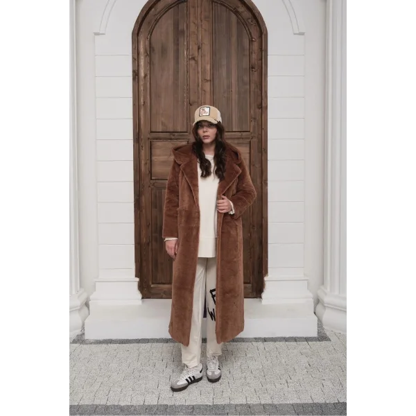 Kadın Peluş Uzun Kaban - Kapüşonlu Oversize Kürk Mont - 38-46 Beden Uyumlu - Yumuşak Kışlık