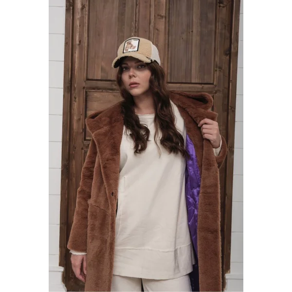 Kadın Peluş Uzun Kaban - Kapüşonlu Oversize Kürk Mont - 38-46 Beden Uyumlu - Yumuşak Kışlık