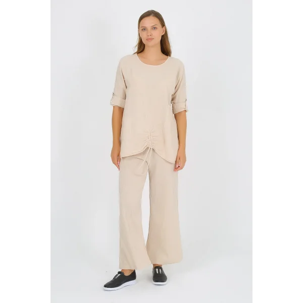 Kadın Pamuklu Büzgülü Bluz ve Pantolon Takımı-Bej