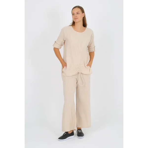 Kadın Pamuklu Büzgülü Bluz ve Pantolon Takımı-Bej