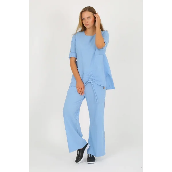 Kadın Pamuklu Büzgülü Bluz ve Pantolon Takımı-Mavi