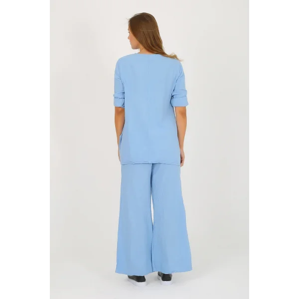 Kadın Pamuklu Büzgülü Bluz ve Pantolon Takımı-Mavi