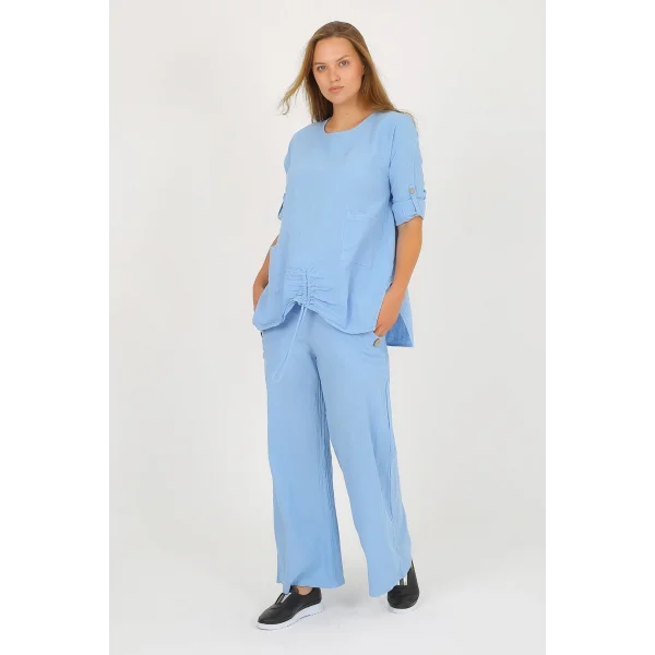 Kadın Pamuklu Büzgülü Bluz ve Pantolon Takımı-Mavi