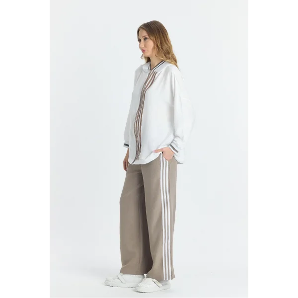Kapüşonlu şeritli oversize eşofman takımı-Krem