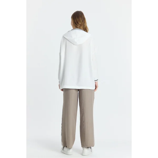 Kapüşonlu şeritli oversize eşofman takımı-Krem