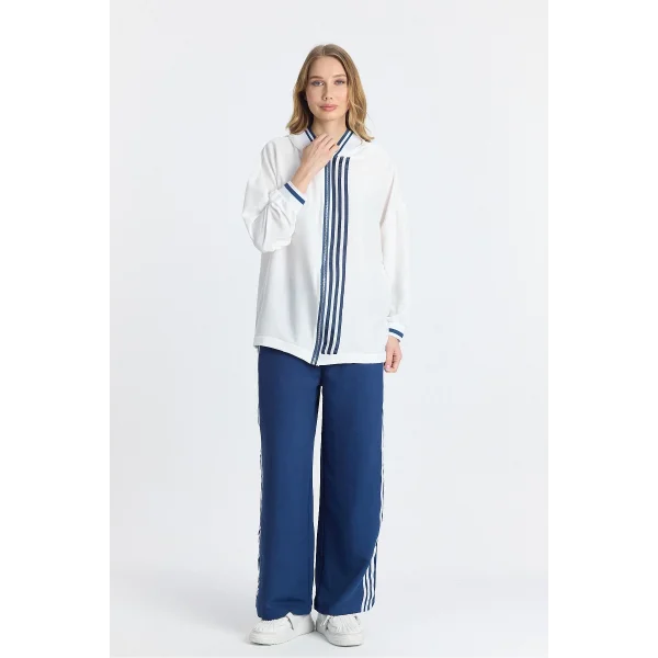 Kapüşonlu şeritli oversize eşofman takımı-Mavi