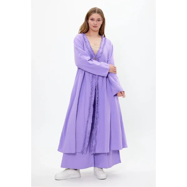 Keten tek düğmeli fırfılı oversize ikili takım-Mor