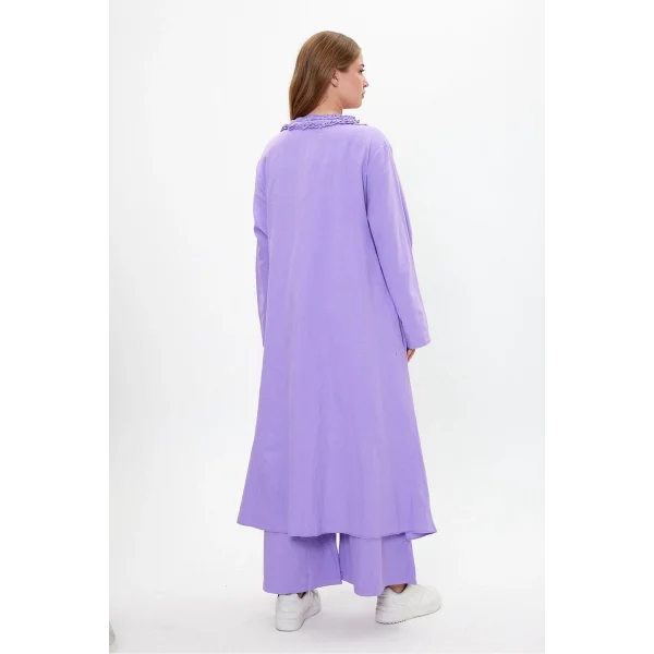 Keten tek düğmeli fırfılı oversize ikili takım-Mor