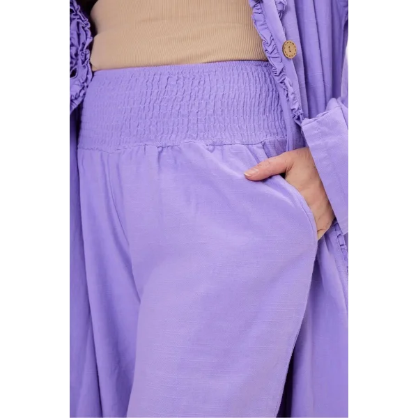 Keten tek düğmeli fırfılı oversize ikili takım-Mor