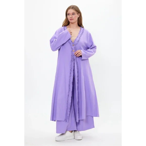 Keten tek düğmeli fırfılı oversize ikili takım-Mor