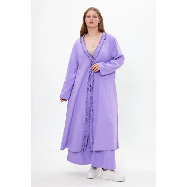 Keten tek düğmeli fırfılı oversize ikili takım-Mor