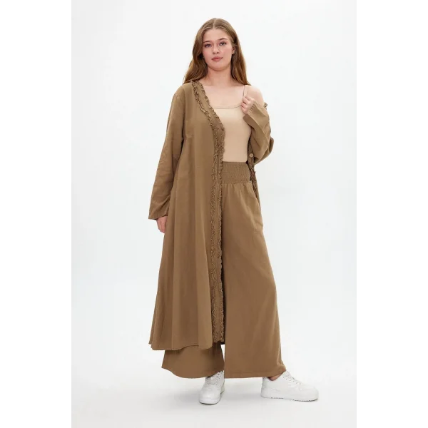 Keten tek düğmeli fırfılı oversize ikili takım-Kamel