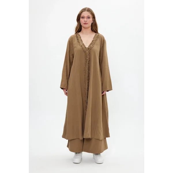 Keten tek düğmeli fırfılı oversize ikili takım-Kamel