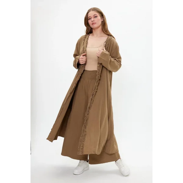 Keten tek düğmeli fırfılı oversize ikili takım-Kamel