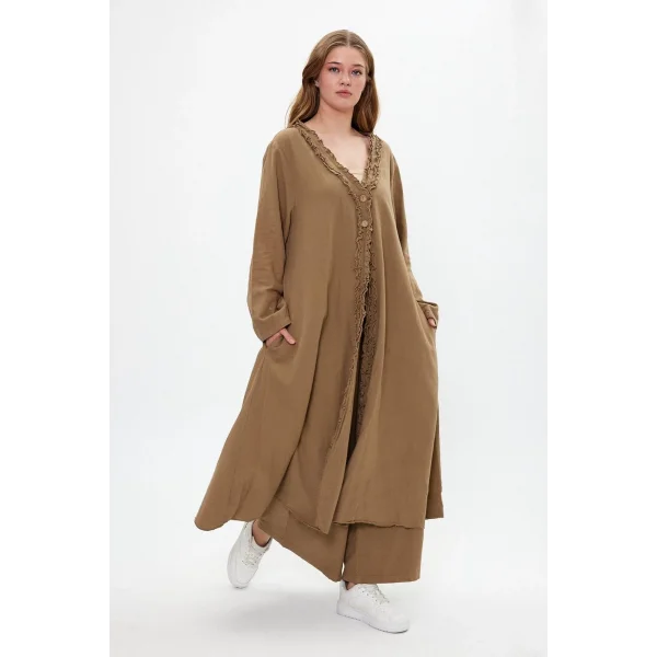 Keten tek düğmeli fırfılı oversize ikili takım-Kamel