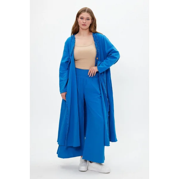 Keten tek düğmeli fırfılı oversize ikili takım-Mavi