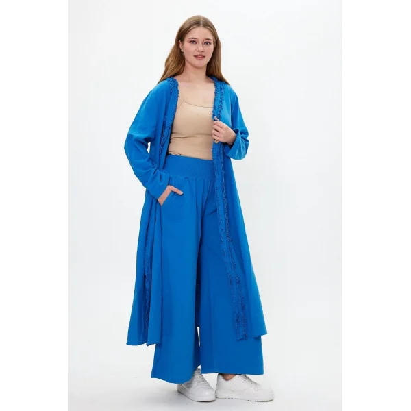 Keten tek düğmeli fırfılı oversize ikili takım-Mavi