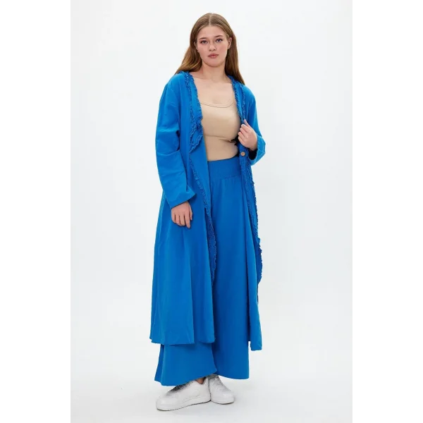 Keten tek düğmeli fırfılı oversize ikili takım-Mavi