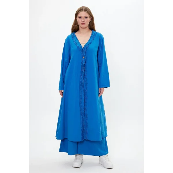 Keten tek düğmeli fırfılı oversize ikili takım-Mavi