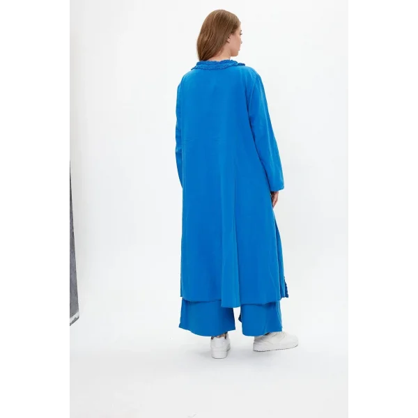 Keten tek düğmeli fırfılı oversize ikili takım-Mavi