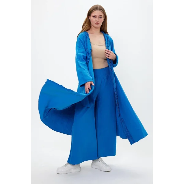 Keten tek düğmeli fırfılı oversize ikili takım-Mavi